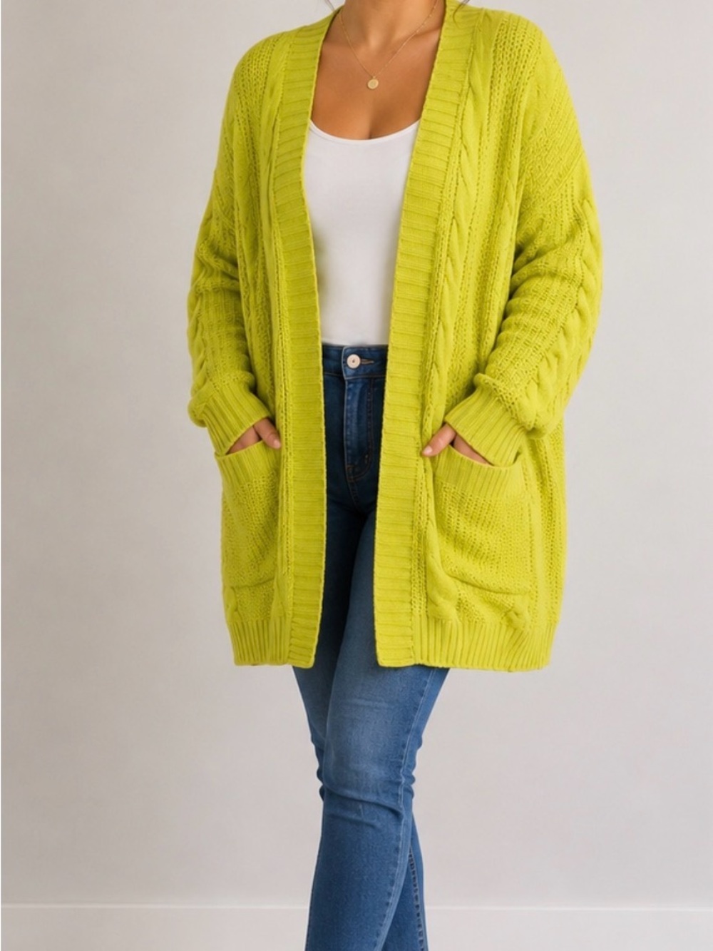 Pink Lily Cable Knit Open Front Cardigan Lime Green Oversized Longline Size Smal